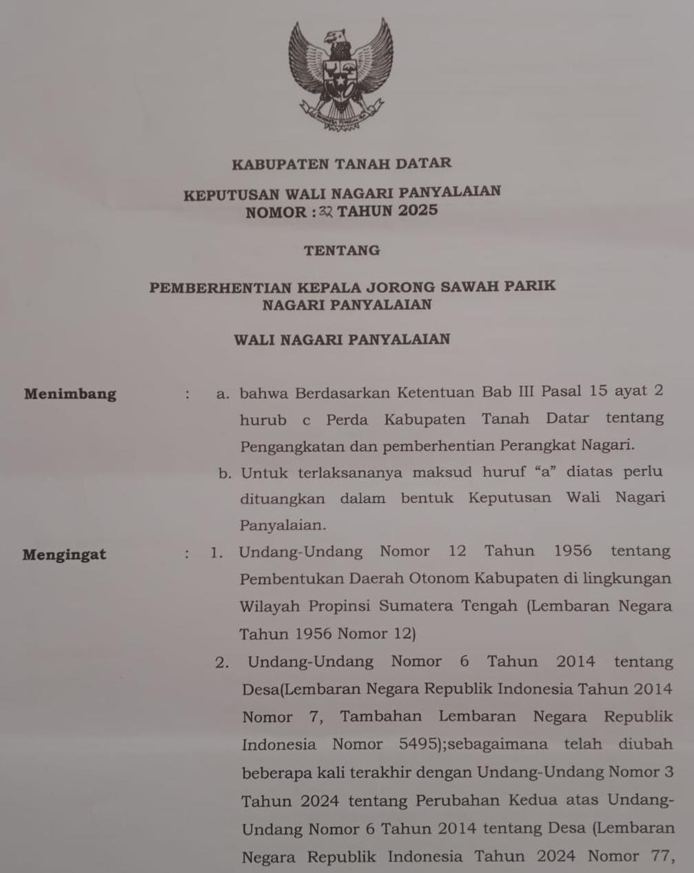 Surat Keptusan (SK) Wali Nagari Panyalaian, Kecamatan X Koto, Kabupaten Tanahdatar tentang pemberhentian Kepala Jorong Sawah Parik.